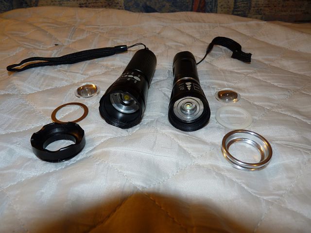 Torch with unknown emitter on left and torch with Cree Q5 on right