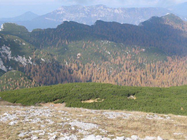 Pogled na začetni del poti od Križevnika čez greben proti Poljskim devicam in dalje